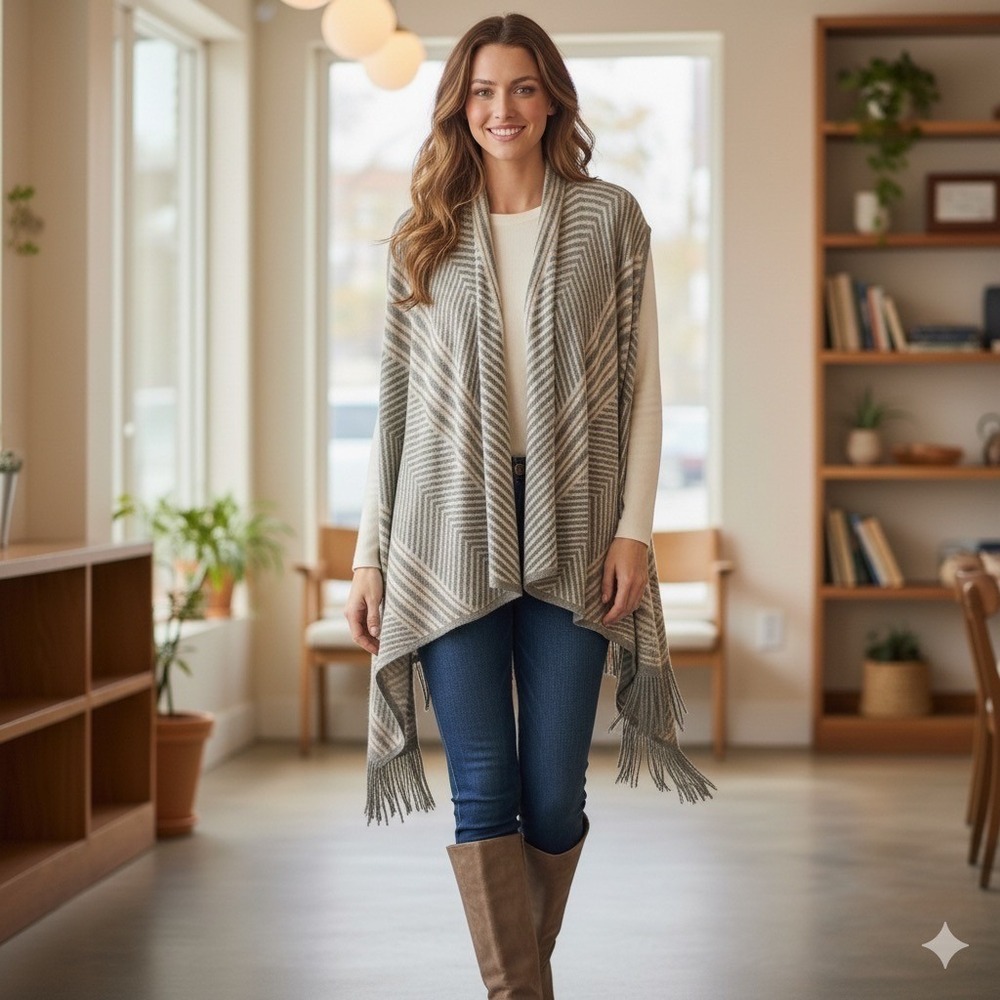 Do Everything In Love Sweater Vest Poncho Women One Size Tan Gray Stripe Fringe